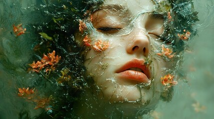 Wall Mural - Woman's Face Submerged in Water with Flowers - Surreal Art