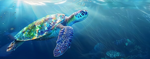 Wall Mural - virtual sea turtle explores vibrant underwater ocean world with customizable shell patterns