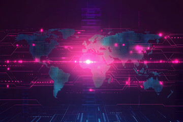 Poster - A digital world map with a futuristic design, featuring neon colors and data patterns.