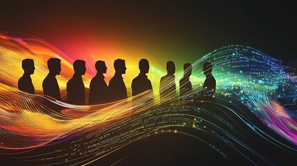 Poster - Silhouettes of men standing in a row in front of a colorful abstract background.