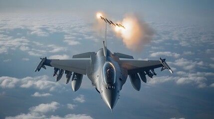 Poster - Powerful fighter jet firing its guns in a dynamic mid flight aerial combat scene with the panning along to show the bullets piercing through the clouds in the sky