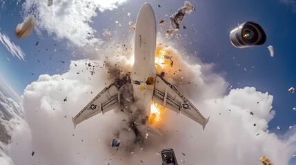 Aufkleber - Powerful jet aircraft bursting through the cloudy sky with debris and fragments scattering around in a dramatic high speed chaotic motion