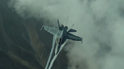 Poster - Powerful military fighter jet diving sharply towards the ground leaving a thick smoking trail behind as it accelerates at high speed through the air