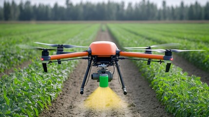 Poster - Precision agricultural drone equipped with specialty spray nozzles carefully applying pesticides or fertilizers to optimize crop yields and minimize environmental impact