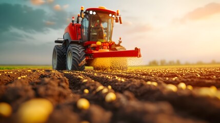 Poster - Precision Planting A Close Up View of a Row Crop Planter s Machinery Meticulously Dropping Seeds Into Carefully Cultivated Furrows Showcasing the Technological Advancements in Modern Agriculture