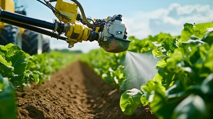 Aufkleber - Precision agriculture technology   Detailed view of a GPS guided sprayer arm evenly distributing fertilizers across a lush agricultural field for improved crop yield and environmental sustainability