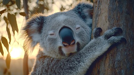 Canvas Print -   A close-up image of a sleepy koala bear perched atop a tree, with its eyes shut and head nestled on a branch