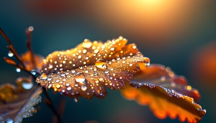 Wall Mural - Glistening Dew on Autumn Leaf Illuminated by Morning Light with Beautiful Natural Background