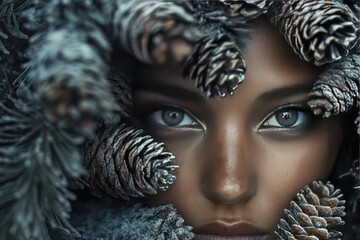 Sticker - Close-up of a Woman's Eyes Surrounded by Pine Cones