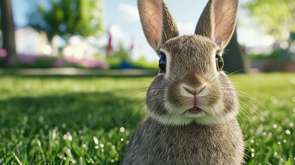   Close-up of a rabbit amidst a sea of green grass, with towering trees in the distance and a clear blue sky above