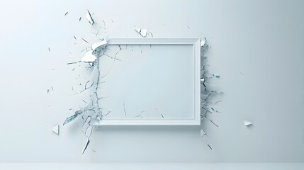 Poster - Shattered picture frame with jagged glass fragments and broken corners isolated on a clean white background  This abstract image represents concepts of damage disruption and imperfection