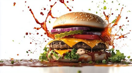 Wall Mural - Juicy hamburger with cheese and vegetables splashed with sauce on a white background