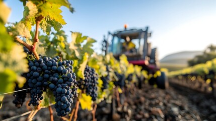 Poster - shot of a grape harvester machine delicately pulling grapes from vines in an autumn vineyard  The efficient agricultural equipment demonstrates precision and care in the grape harvesting process
