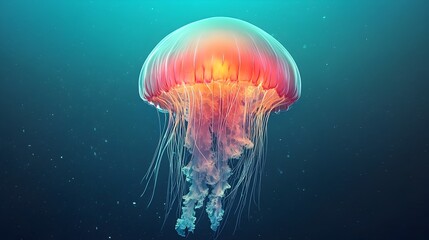 Poster - shot of a glowing jellyfish with iridescent colors drifting gracefully in the deep tranquil sea  This mesmerizing bioluminescent creature emanates a radiant
