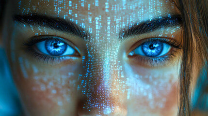 Poster - A futuristic portrait of a woman with glowing digital patterns reflected across her face
