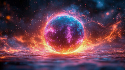 Poster - A luminous, pink and purple energy sphere floating amidst glowing nebula-like streams