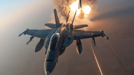 Poster - Sleek and nimble fighter jet deftly maneuvering to narrowly evade a missile attack with the explosive impact of the missile visible in the background