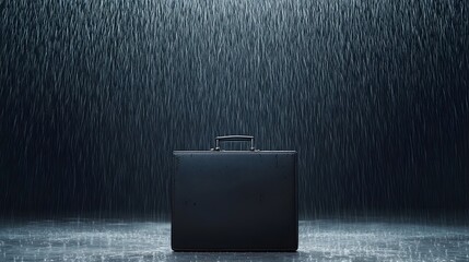 Poster - Sleek black briefcase standing alone in a heavy downpour with the rain cascading off its surface in sharp angular lines  The image conveys a sense of professionalism technology