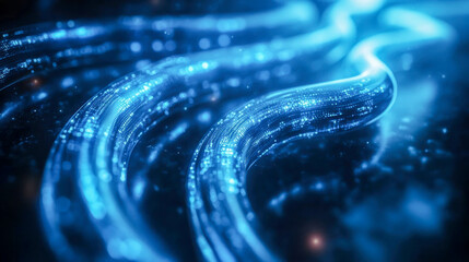 Poster - Close-up of glowing network cables, illuminated in red and blue light, symbolizing high-speed digital connectivity