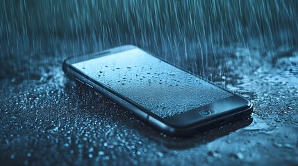Poster - Smartphone Resting Dry in the Rain Under Invisible Water Barrier A Conceptual Image Symbolizing Water Resistant Technology in a Minimalist Modern Design