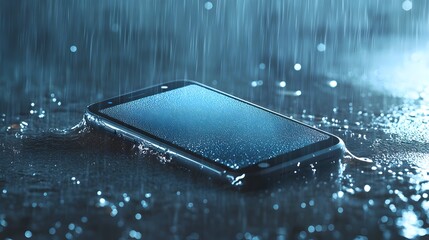 Poster - Smartphone Resting in the Rain Shielded by Invisible Water Resistance Barrier   Conceptual Image Showcasing Advanced Water Resistant Technology for Mobile Devices