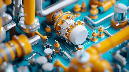 Poster - Sophisticated Petrochemical Refinery Showcasing Intricate Industrial Processes and Robotic Automation to Extract Essential Chemicals from Raw Oil Materials through a Split Complementary Color Scheme