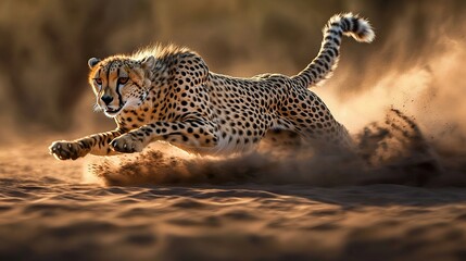 Canvas Print -   A cheetah sprints through the dusty ground while trees loom in the distance