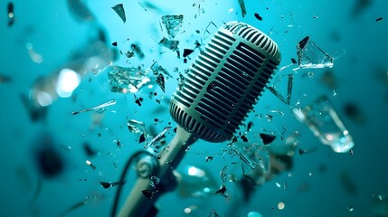 Poster - Striking abstract image showcasing a microphone surrounded by shattered glass pieces all suspended in midair and captured with exceptional detail and precision
