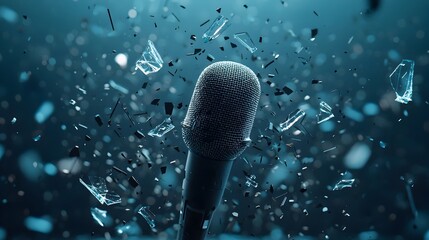Poster - Striking visual composition featuring a microphone surrounded by shattered glass pieces suspended in mid air with every shard captured in sharp intricate detail for a captivating abstract effect