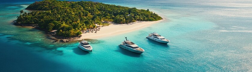 Wall Mural - Luxurious Yachts Anchored Near a Tropical Island with Crystal Clear Waters and Lush Greenery