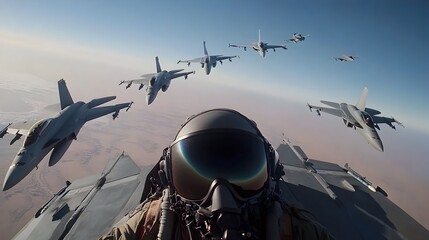Poster - Squadrons of powerful and modern fighter jets in a dynamic aerial combat formation the panning to reveal the enemy jets approaching from the side