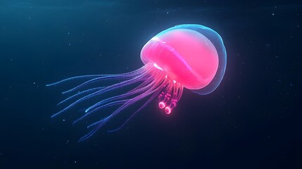 Poster - Stunning image showcasing a bioluminescent siphonophore creature with its glowing tentacles gracefully stretching and drifting through the deep blue waters of the ocean