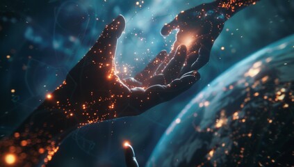 Wall Mural - Human hand reaches down from space, Divine Touch: A celestial hand gently touches the Earth, bathed in a radiant glow of stars, evoking a sense of cosmic connection and divine intervention