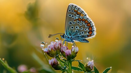 Canvas Print -   Close-up of a butterfly on a flower with water droplets on its wings and blurry background