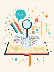 Poster - Colorful flat design illustration of an open book with floating pencils, geometric shapes, and a magnifying glass symbolizing creativity and learning.