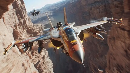 Poster - Thrilling Aerial Showdown Fighter Jets Engage in a Intense Dogfight Maneuver Through a Narrow Canyon the Racing to Track Their High Speed Turns and Precise Movements