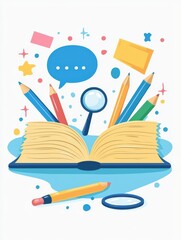 Poster - Colorful flat design illustration of an open book with pencils and a magnifying glass for creativity and education concepts