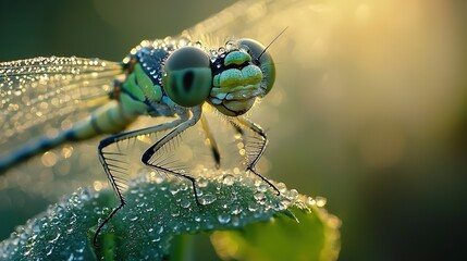 Sticker -   Dragonfly close-up on a leaf with water droplets on wings and legs