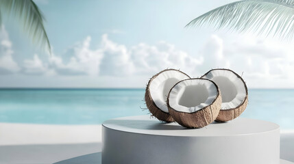 Fresh coconut halves on a table with a serene beach backdrop, perfect for tropical and summer-themed designs.