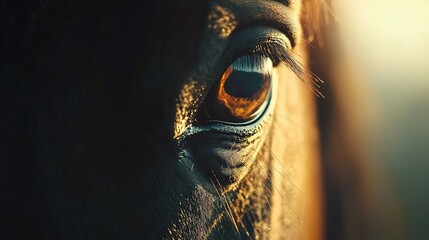 Poster -   Close-up shot of horse's eye with bright light illuminating face side