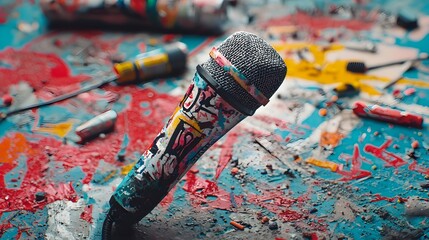 Poster - Vibrant abstract art patterns wrapped around a microphone standing on a textured surface creating a visually striking and creative backdrop for audio multimedia or broadcasting concepts
