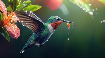 Poster -   A hummingbird sipping water from a flower with droplets on its wings, and a flower in the background