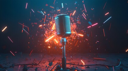 Aufkleber - Vibrant microphone surrounded by shattered neon light tubes creating a burst of colorful luminous and dynamic visual effect in the dark studio environment