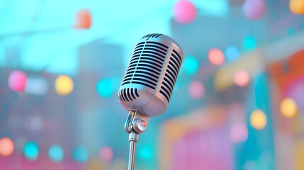 Poster - Vintage retro style microphone suspended in mid air against a colorful abstract and textured backdrop in a professional studio setting perfect for music audio