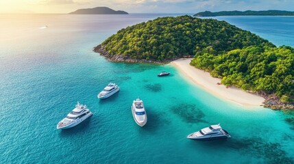 Wall Mural - Aerial View of Luxury Yachts Anchored Near a Tropical Island with Pristine Beach and Turquoise Waters