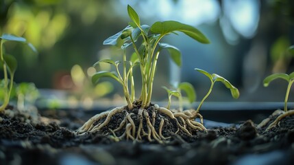 Canvas Print - Close Up of Green Plant Seedlings Growing in Soil