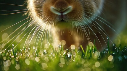 Sticker -   A photo of a cat's face in a grass field with water droplets