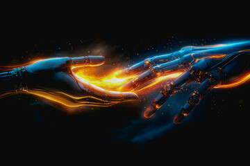 human hand meets robotic hand with glowing energy in a futuristic connection