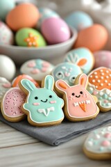 Decorated Easter cookies with pastel colors and a festive theme on a wooden table setting