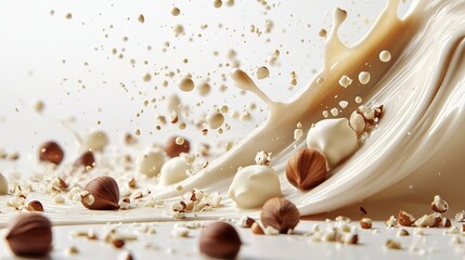 Poster -   A close-up shot of a milkshake with nuts spilling out and milk being poured on top